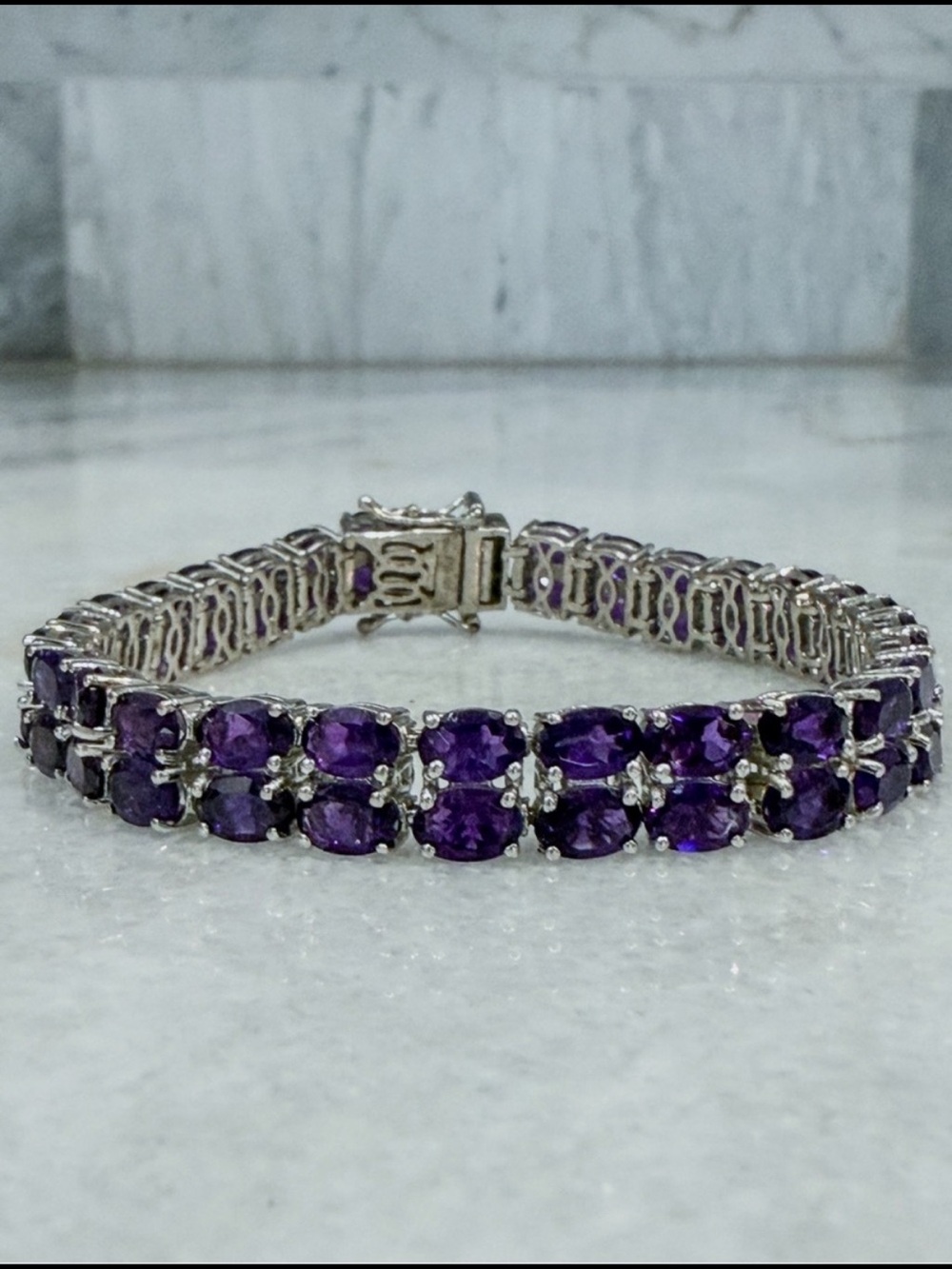 African Amethyst 2Row Sterling Silver 7.25” Bracelet